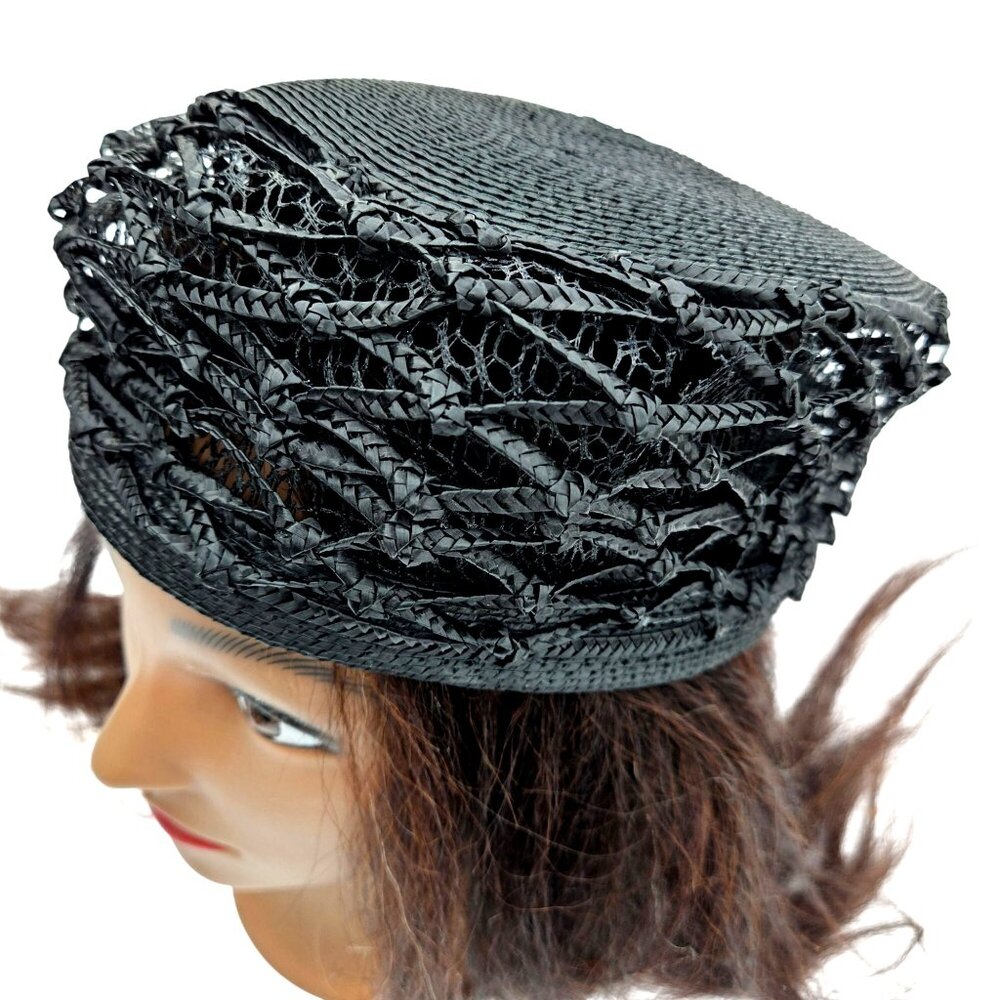 Vintage Black Woven Straw Pillbox Cage Hat Buffums Pinehurst 22" 1960s - Picture 12 of 12
